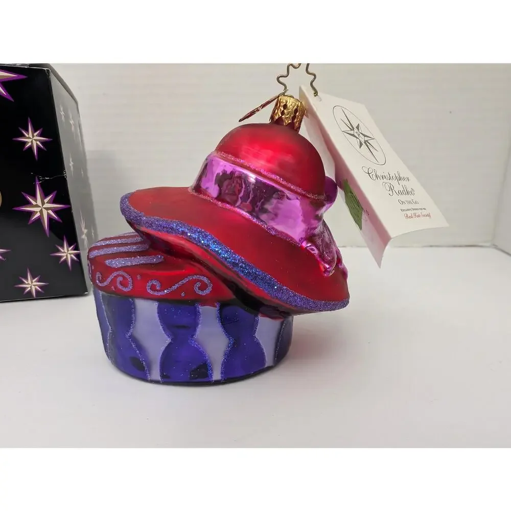 Christopher Radko On The Go Red Hat Society Glass Ornament Boxed Hatbox